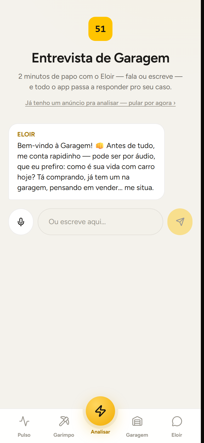Tela real da Entrevista de Garagem: conversa por texto ou áudio em que o aplicativo entende o perfil do comprador