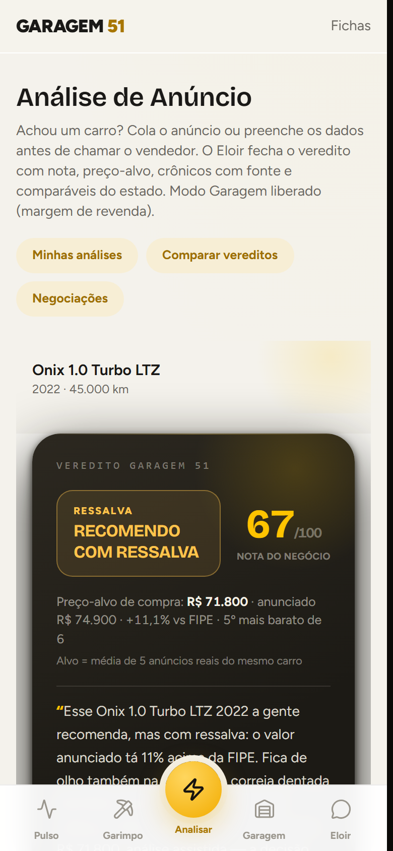 Tela real do Veredito no aplicativo Garagem 51: nota 44 de 100, selo não recomendo e preço-alvo de compra de R$ 65.400